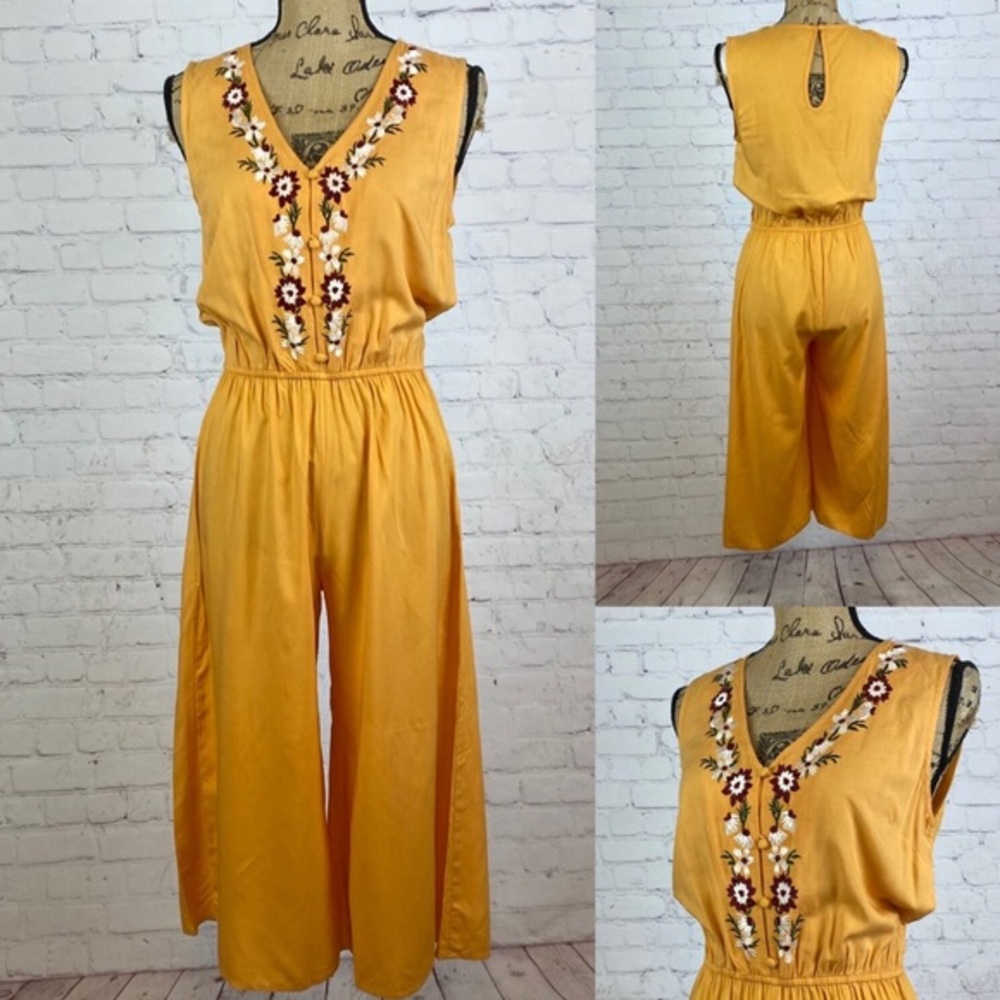 Rock & Roll Cowgirl Yellow Embroidered Wide Leg Jumpsuit